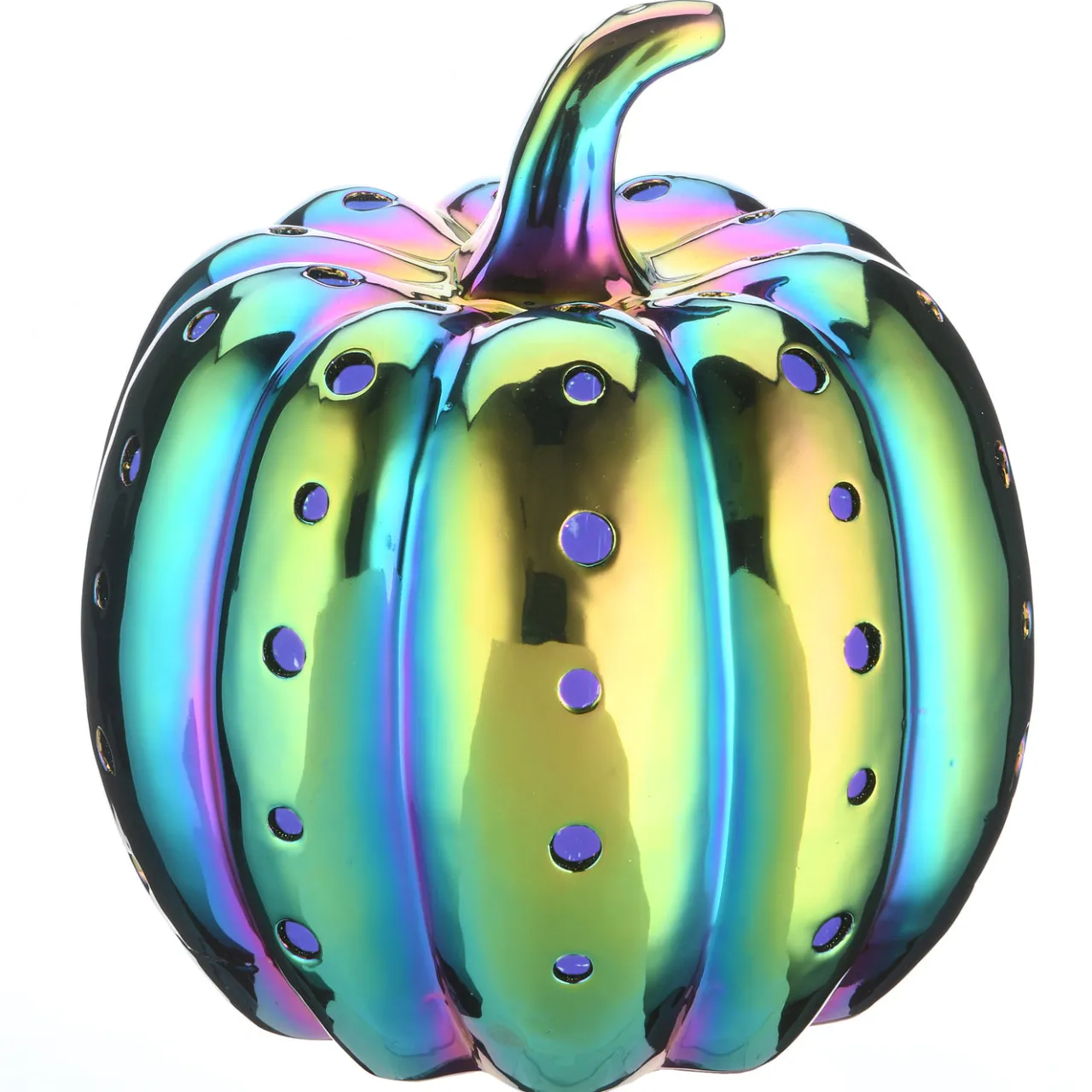 Discount National Tree Company 12 in. Halloween Ceramic Iridescent Purple Pumpkin with Multi Color LED Lights