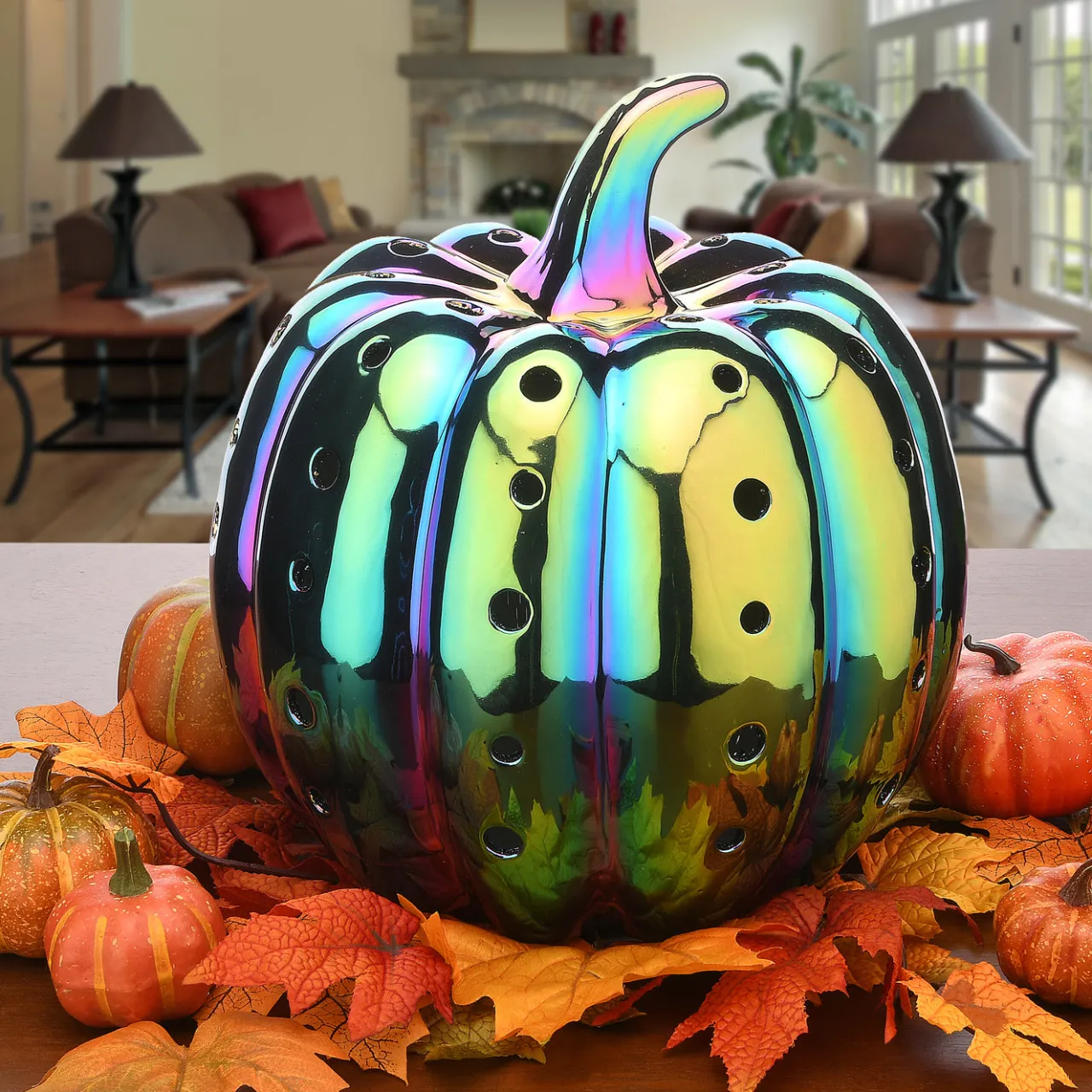 Discount National Tree Company 12 in. Halloween Ceramic Iridescent Purple Pumpkin with Multi Color LED Lights