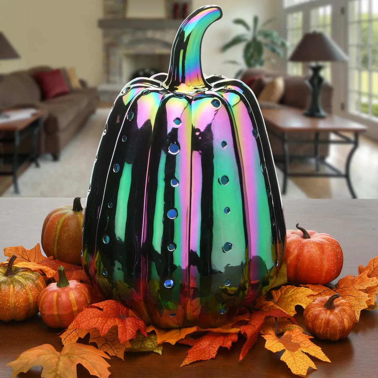 Discount National Tree Company 14 in. Halloween Ceramic Iridescent Purple Pumpkin with Multi Color Lights