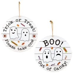 Discount National Tree Company 12 in. Halloween Hanging Double Sided Sign, White, Trick or Treat, Out of Candy