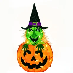 Discount National Tree Company 28 in. Halloween Pre-Lit Pumpkin and Witch Lighted Sign Decoration with LED Lights