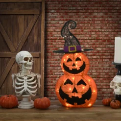 Best National Tree Company 19 in. Halloween Pre-Lit Stacked Pumpkins in Witchs Hat Outdoor Decoration with LED Lights