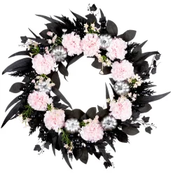 Best National Tree Company 26 in. Halloween Pretty Morbid Pink Carnation Wreath with Silver Pumpkins