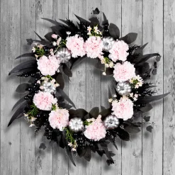 Best National Tree Company 26 in. Halloween Pretty Morbid Pink Carnation Wreath with Silver Pumpkins