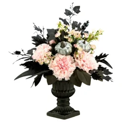 Clearance National Tree Company 17 in. Halloween Pretty Morbid Pink Carnation Centerpiece with Black Pedestal Urn, Velvet Pumpkins