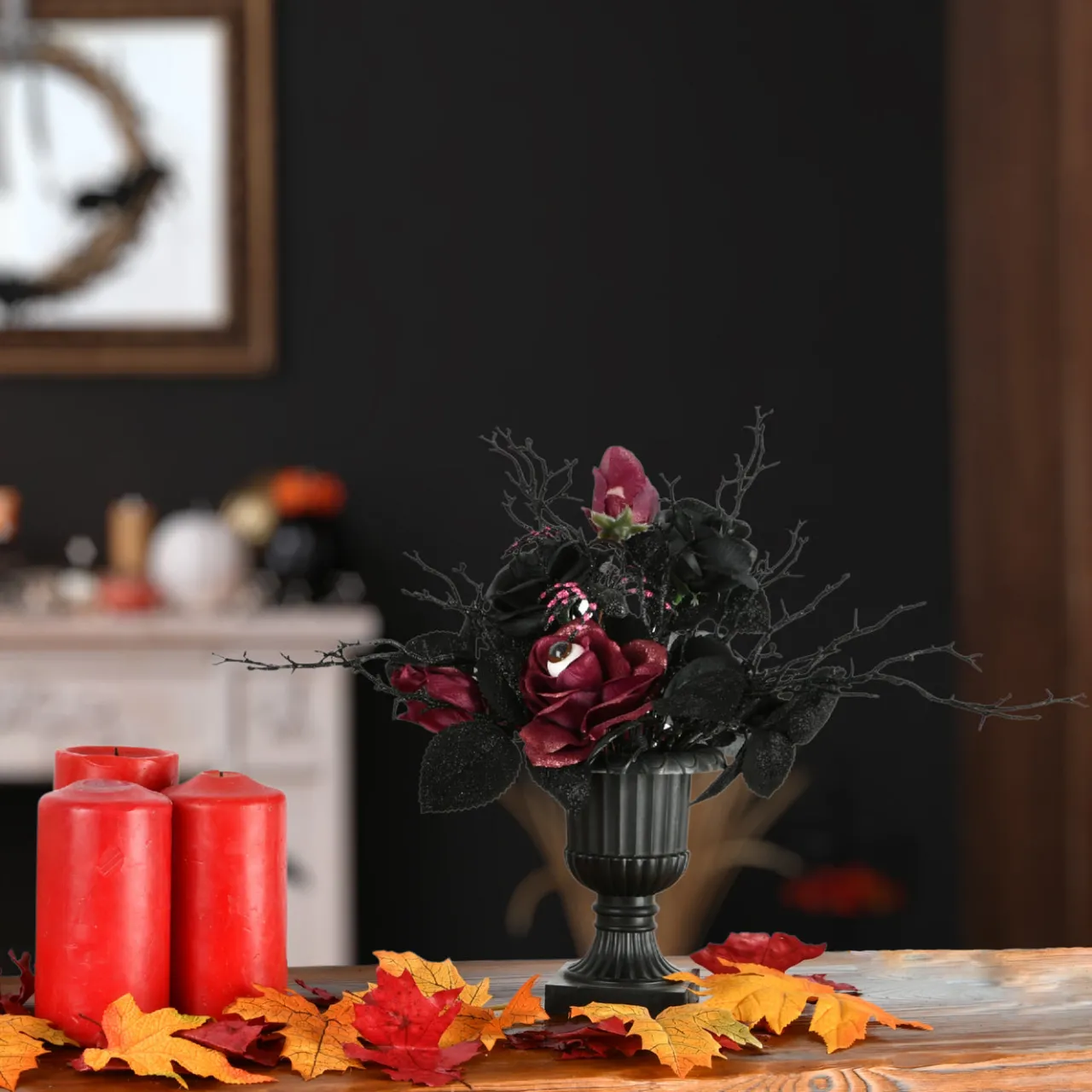 Online National Tree Company 18 in. Halloween Rose Flowers Plant Decoration in a Black Urn