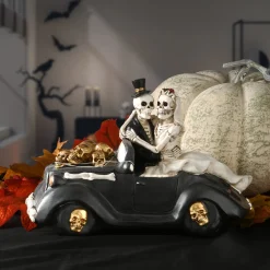 Online National Tree Company 8 in. Halloween Skeleton Bride and Groom in Black Car with LED Lights