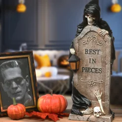 Discount National Tree Company 16 in. Halloween Skeleton Grim Reaper Standing with a Gravestone Decoration