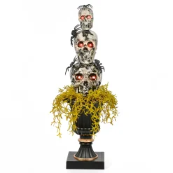 Hot National Tree Company 32 in. Halloween Skull Tower with Spiders Tabletop Decoration in a Black Urn