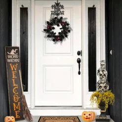 Hot National Tree Company 32 in. Halloween Skull Tower with Spiders Tabletop Decoration in a Black Urn
