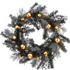 National Tree Company 24 in. Halloween Spooky Wreath with Black and Orange Ball Ornaments, Leaves