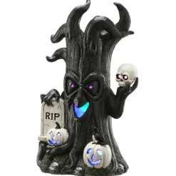 Best National Tree Company 15 in. Halloween Tree Holding Skull and RIP Tombstone with LED Lights