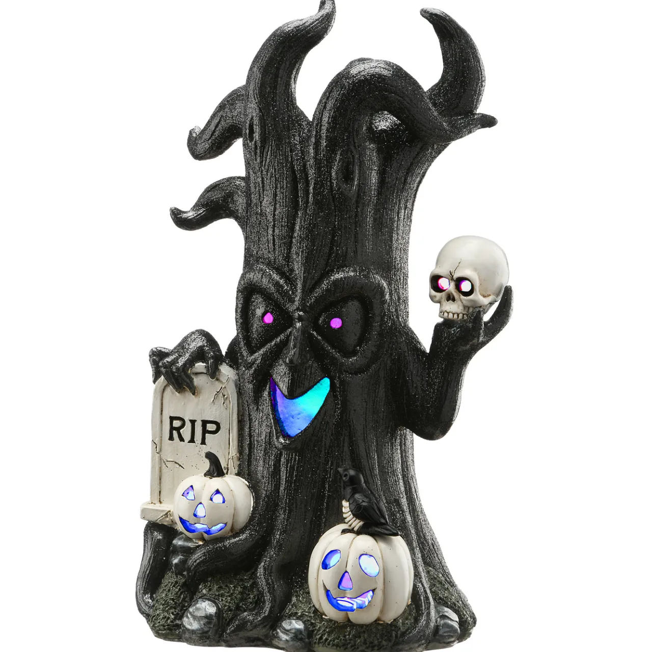 Best National Tree Company 15 in. Halloween Tree Holding Skull and RIP Tombstone with LED Lights