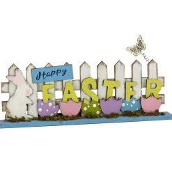 New National Tree Company 16 in. Happy Easter Picket Fence Table Decoration, Designed with Painted Eggs and Butterfly
