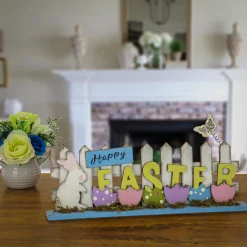New National Tree Company 16 in. Happy Easter Picket Fence Table Decoration, Designed with Painted Eggs and Butterfly