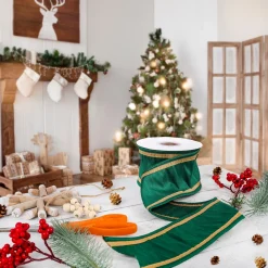 Hot National Tree Company 3 in. HGTV Home Collection Dupioni Double-Sided Ribbon, Green & Gold