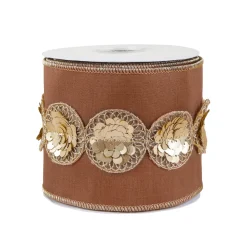 National Tree Company 4 in. HGTV Home Collection Sequin Beaded Taffeta Ribbon, Brown
