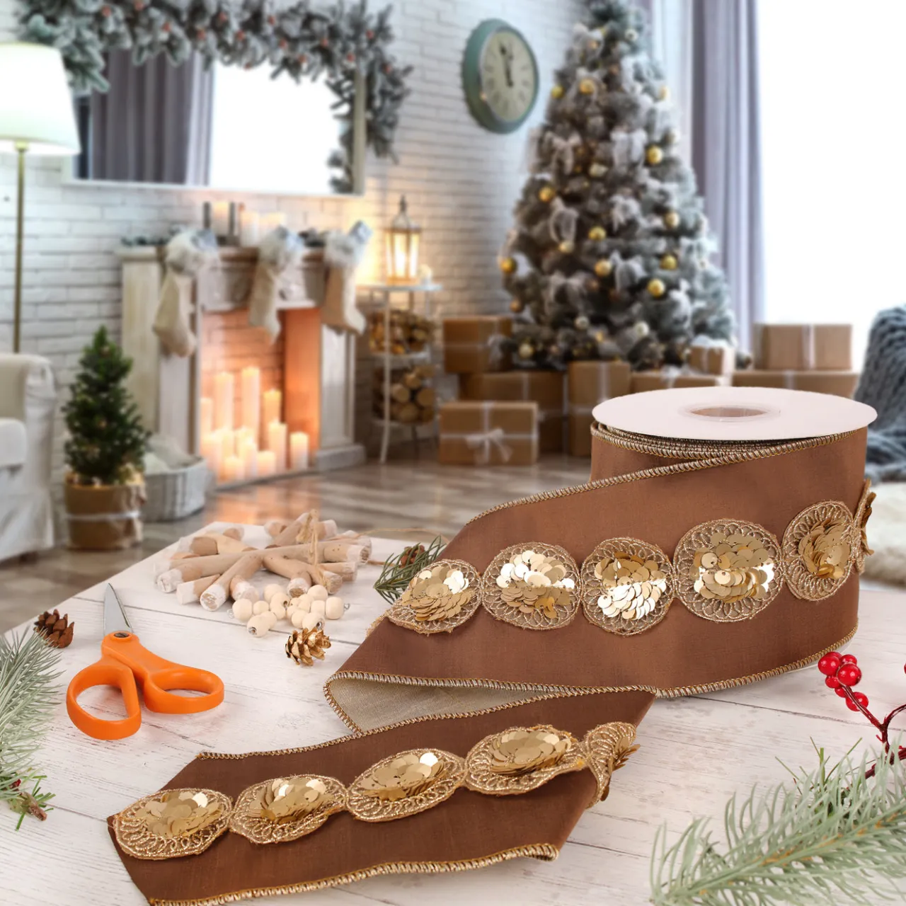 National Tree Company 4 in. HGTV Home Collection Sequin Beaded Taffeta Ribbon, Brown