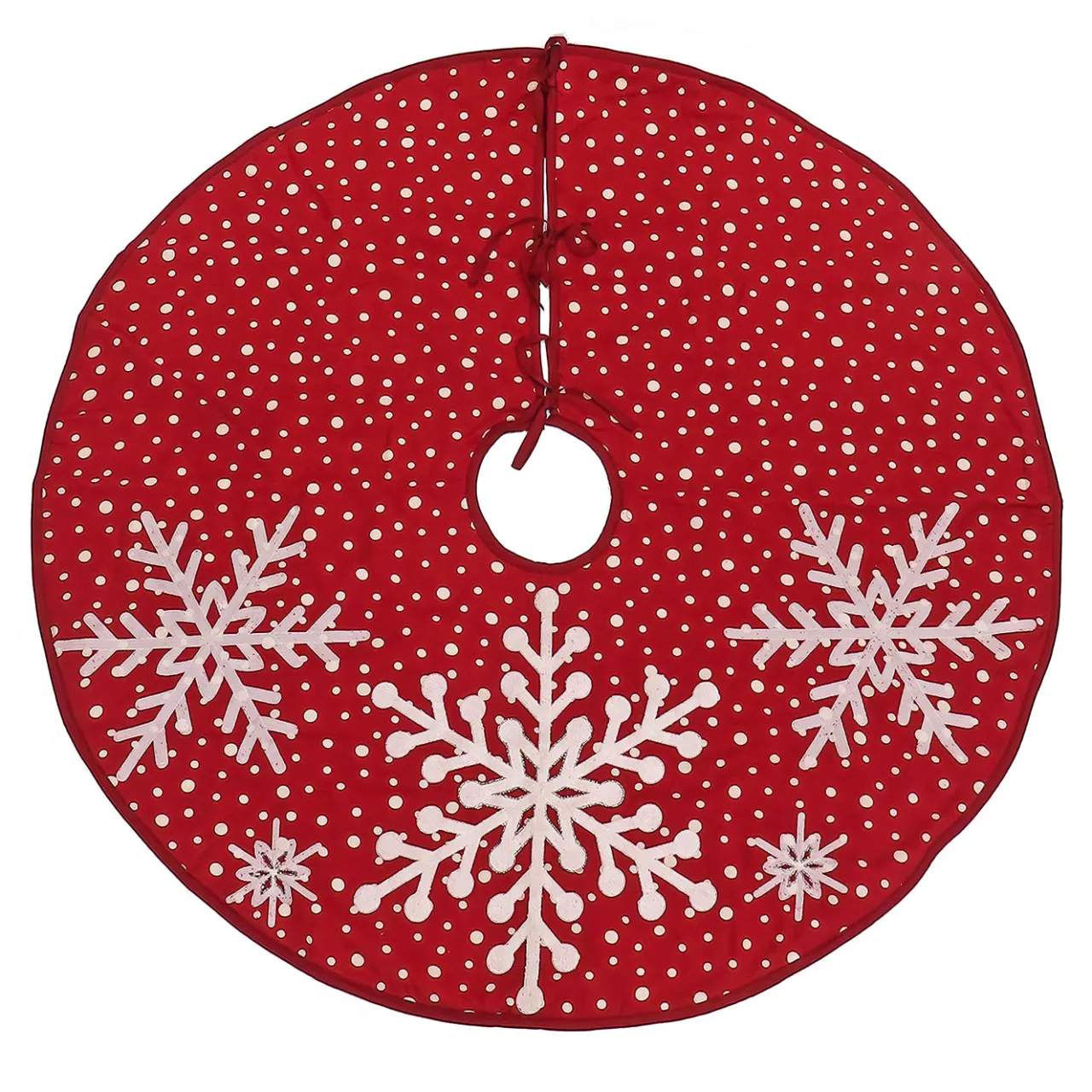 New National Tree Company 52 in. HGTV Home Collection Red Tree Skirt with Snowflake Embroidery and White Dots