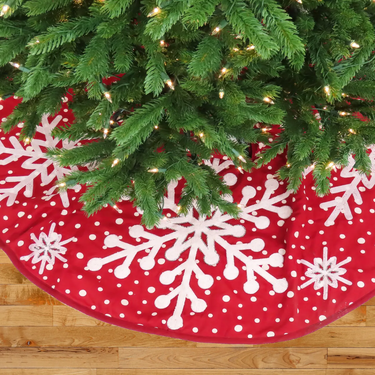 New National Tree Company 52 in. HGTV Home Collection Red Tree Skirt with Snowflake Embroidery and White Dots