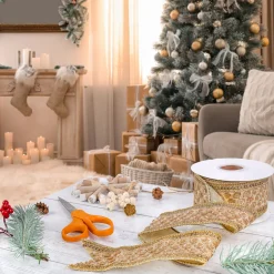 Best National Tree Company 2.5 in. HGTV Home Collection Dupioni Gold Beaded Ribbon