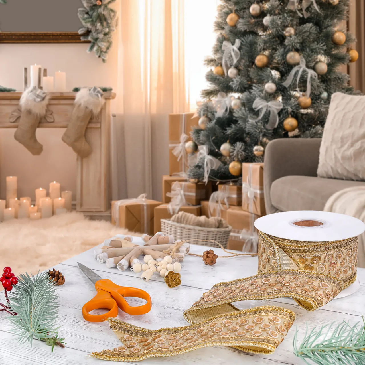 Best National Tree Company 2.5 in. HGTV Home Collection Dupioni Gold Beaded Ribbon
