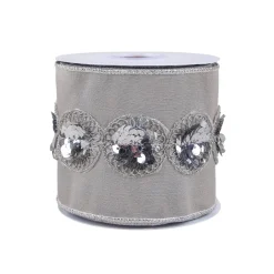 National Tree Company 4 in. HGTV Home Collection Sequin Beaded Taffeta Ribbon, Gray