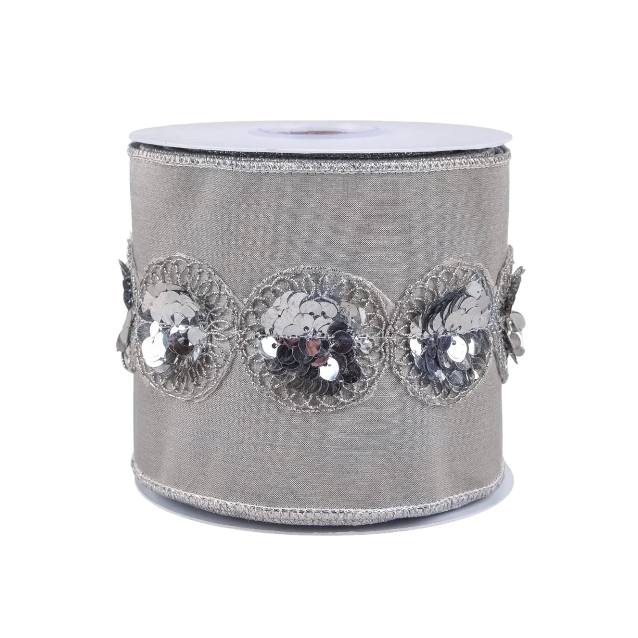 National Tree Company 4 in. HGTV Home Collection Sequin Beaded Taffeta Ribbon, Gray
