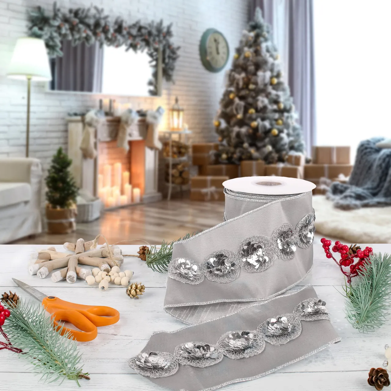 National Tree Company 4 in. HGTV Home Collection Sequin Beaded Taffeta Ribbon, Gray