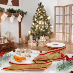 Discount National Tree Company 3 in. HGTV Home Collection Dupioni Double-Sided Ribbon, Gold & Red
