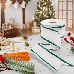 Outlet National Tree Company 3 in. HGTV Home Collection Dupioni Double-Sided Ribbon, White & Green