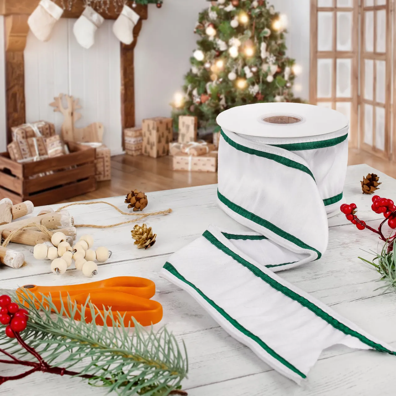 Outlet National Tree Company 3 in. HGTV Home Collection Dupioni Double-Sided Ribbon, White & Green