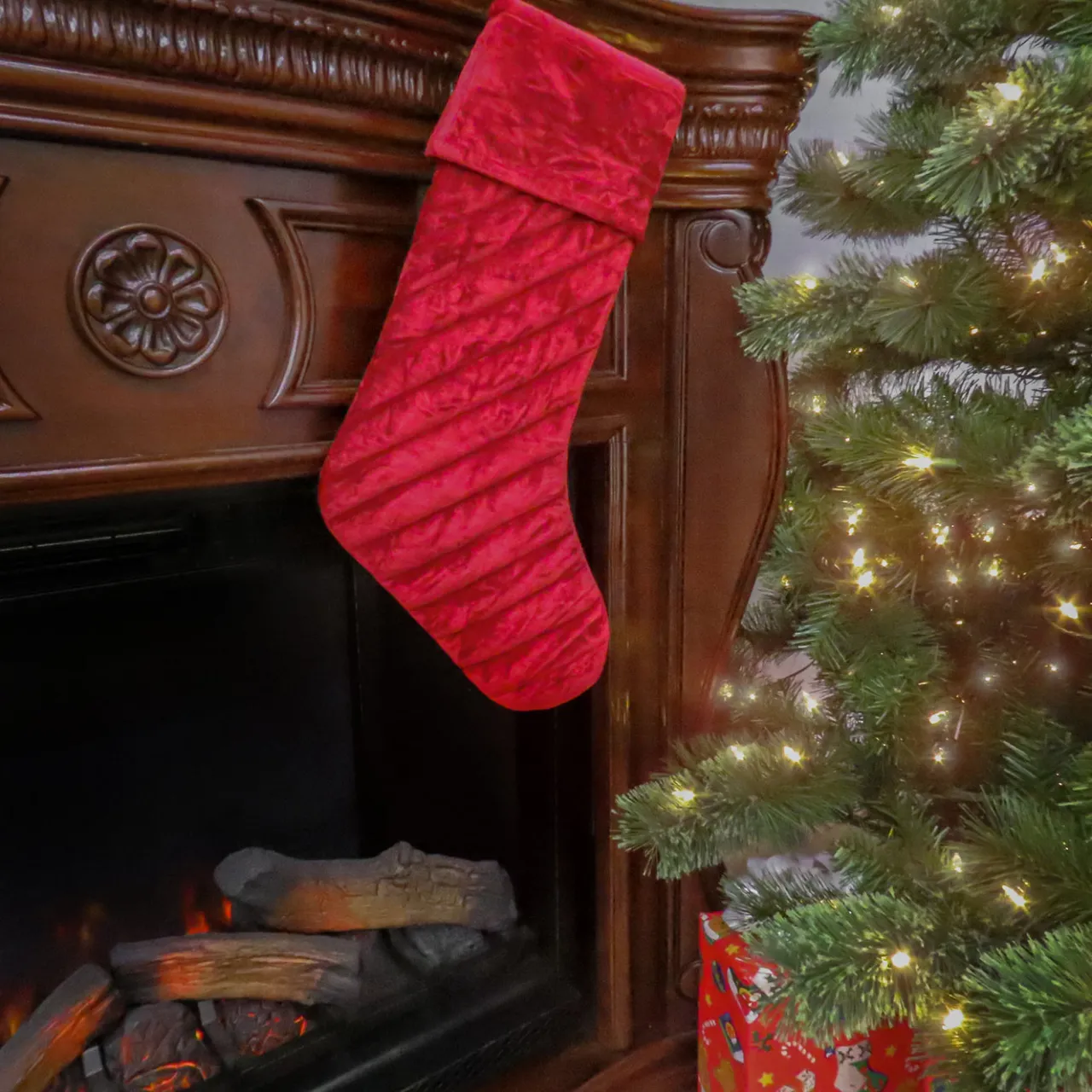 Online National Tree Company 19 in. HGTV Home Collection Quilted Velvet Stocking, Red