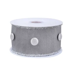 Outlet National Tree Company 3 in. HGTV Home Collection Dupioni Button Ribbon, Silver