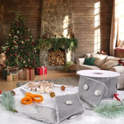 Outlet National Tree Company 3 in. HGTV Home Collection Dupioni Button Ribbon, Silver