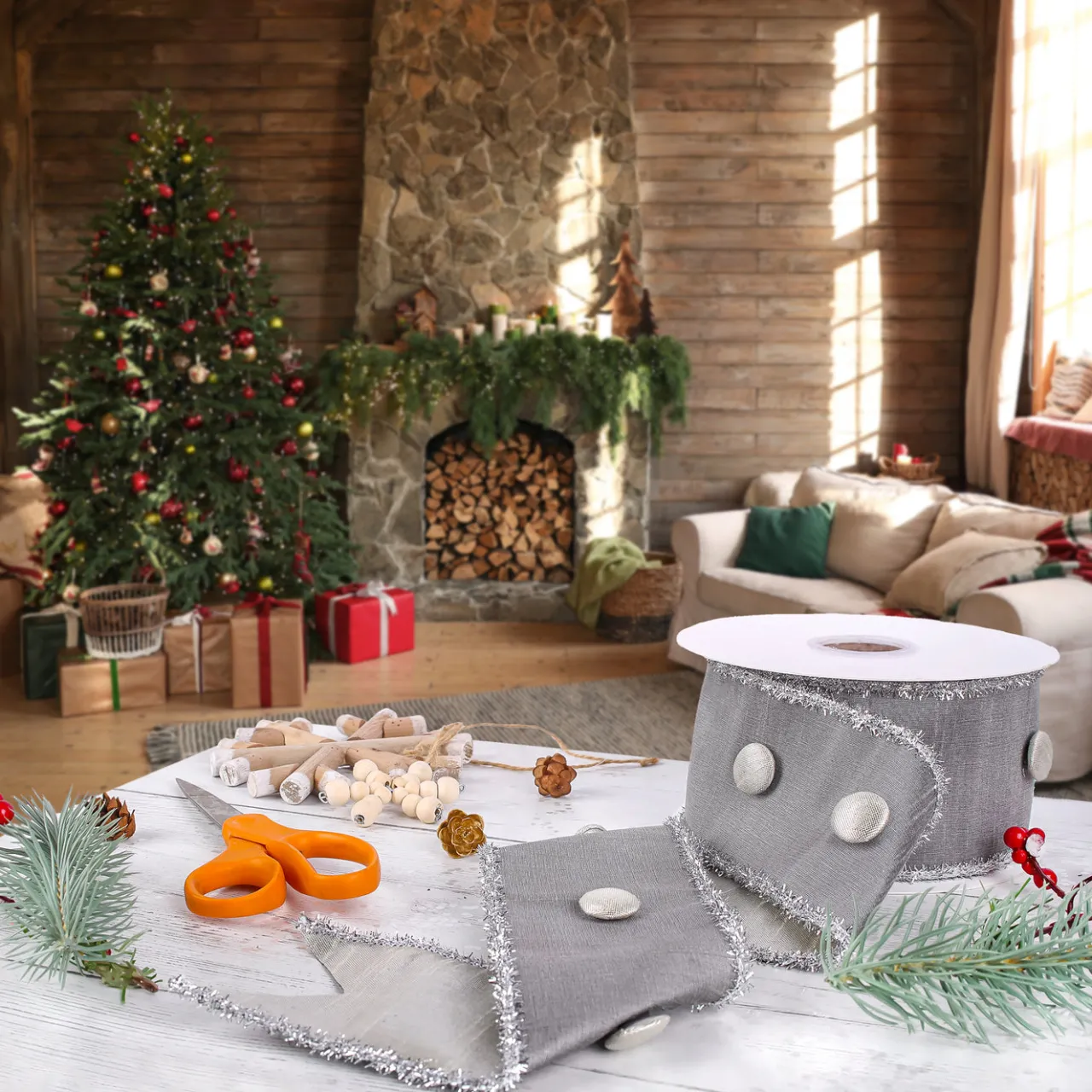 Outlet National Tree Company 3 in. HGTV Home Collection Dupioni Button Ribbon, Silver