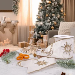 Clearance National Tree Company 4 in. HGTV Home Collection Dupioni Embroidered Joyuex Noel Ribbon