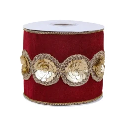 New National Tree Company 4 in. HGTV Home Collection Sequin Beaded Velour Velvet Ribbon, Burgundy