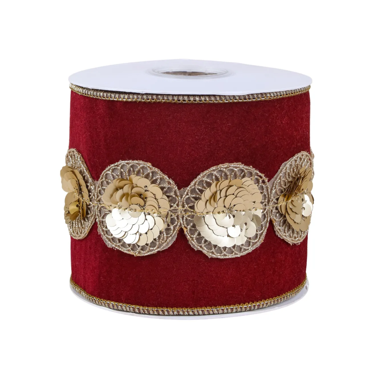 New National Tree Company 4 in. HGTV Home Collection Sequin Beaded Velour Velvet Ribbon, Burgundy