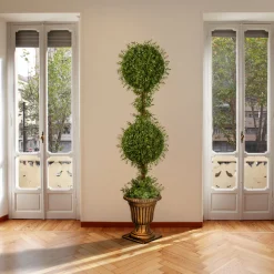 Online National Tree Company 60 in. Mini Tea Leaf 2 Ball Topiary with Black in a Gold Urn