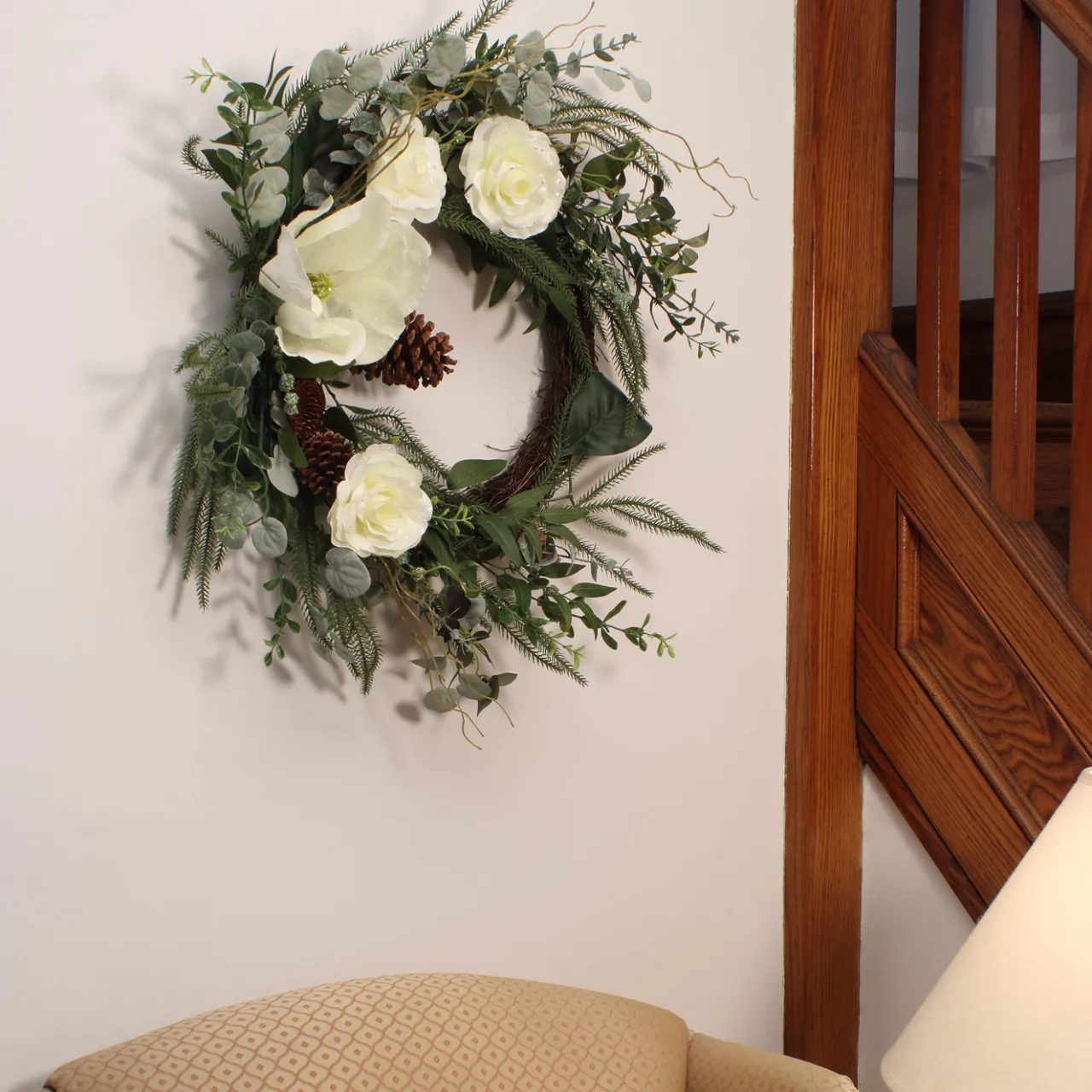 Discount National Tree Company 26 in. Mixed Greens and White Flowers Decorated Wreath