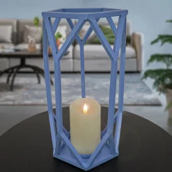 Online National Tree Company 14 in. Modern Design and Finish Ice Melt Blue Outdoor Lantern Candleholder