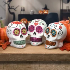 Sale National Tree Company 3 in. 3-Pack Halloween Ghost Day of the Dead Decorated Skulls