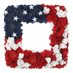 Online National Tree Company 22 in. Patriotic Hanging Square Wreath with Red White and Blue Flowers Stars