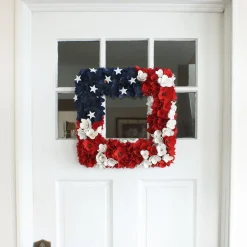 Online National Tree Company 22 in. Patriotic Hanging Square Wreath with Red White and Blue Flowers Stars
