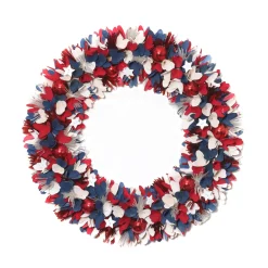 Online National Tree Company 21 in. Patriotic Wreath with Red White and Blue Flowers Petals Tinsel