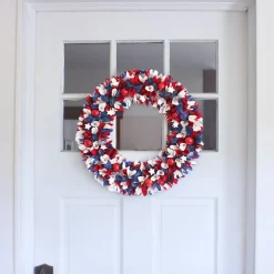 Online National Tree Company 21 in. Patriotic Wreath with Red White and Blue Flowers Petals Tinsel