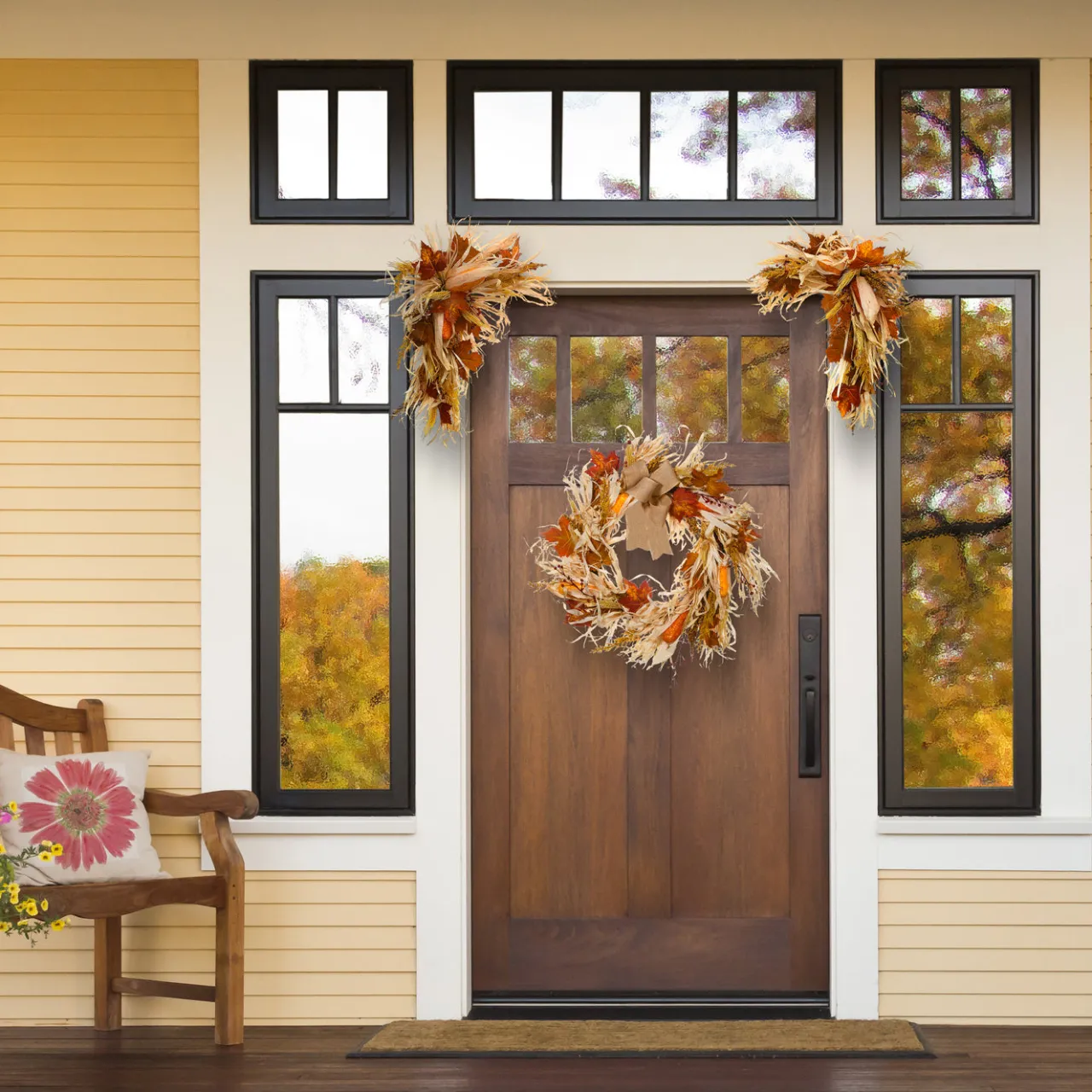 National Tree Company 24 in. 2-Piece Fall Door Corners with Corn Husks, Raffia Leaves, Berry Clusters
