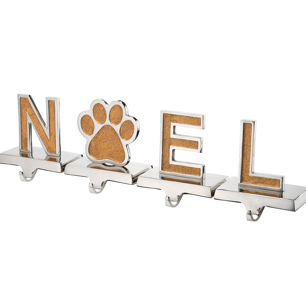 Clearance National Tree Company 5 in. 4-Piece Gold Sparkle NOEL Christmas Stocking Holders, Gold and Silver with Paw Print