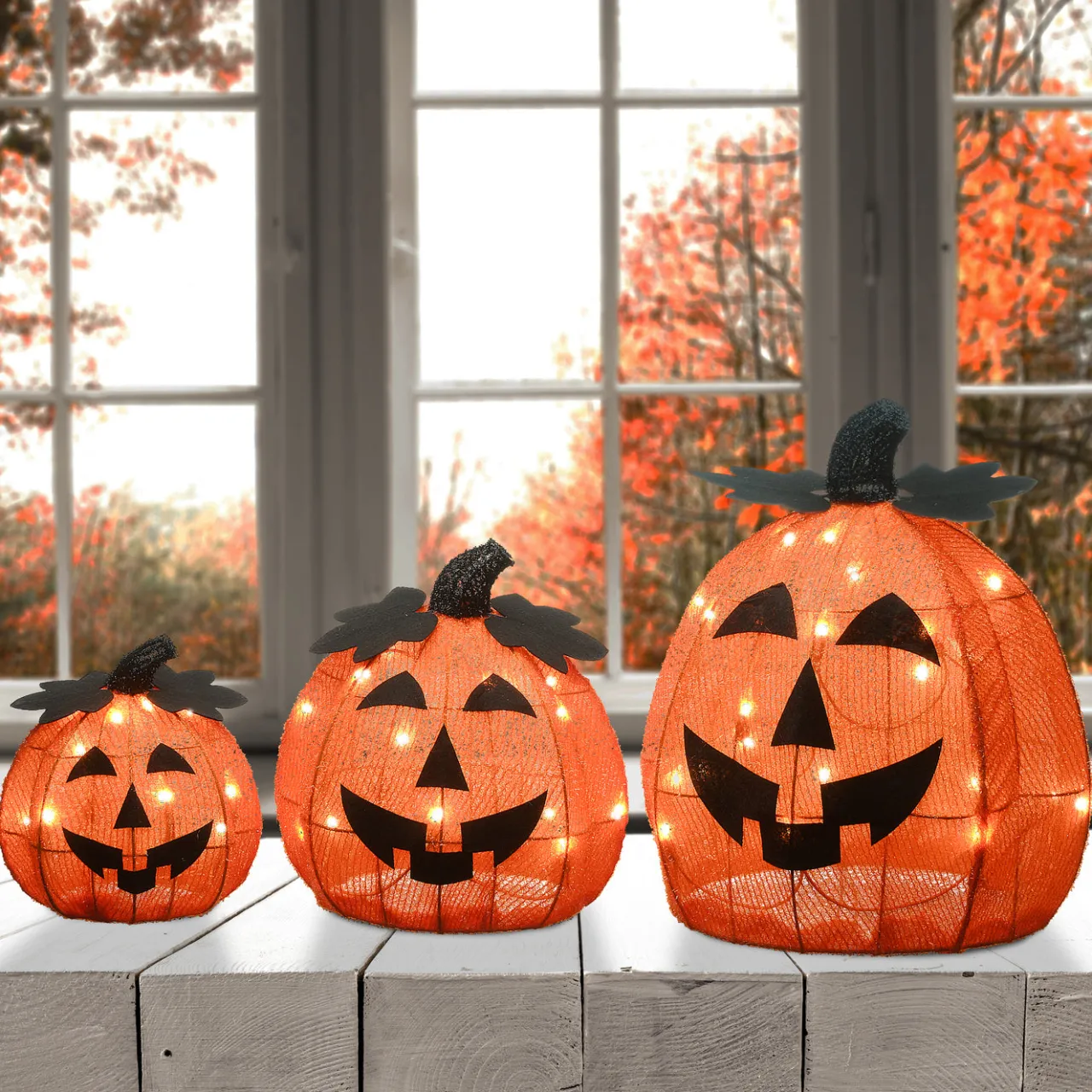 National Tree Company 15 in. 3-Piece Halloween Pre-Lit Happy Jack-O-Lantern Trio with LED Lights
